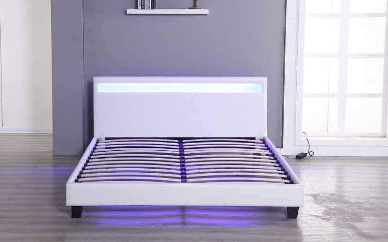 Picture of [FLOOR MODEL CLEARANCE] MOBBY White Faux Leather Platform Queen Bed with LED color changing
