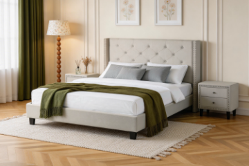 Picture of ELY Linen Upholstered Bed Frame in Queen Size/Eastern King sizes (Beige&Grey)