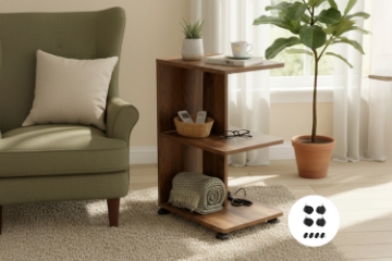 Picture of CEDAR Side Table with Dual Power Outlets & USB Ports & Wheels (Walnut)