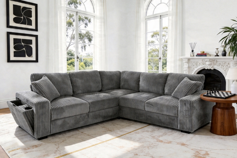 Picture of MARLIN Corduroy Fabric Sectional Sofa with Hidden Storage & Cup Holder