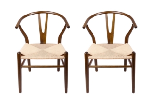 Picture of WISHBONE Solid Beech Wood Y Replica Chair (Walnut Frame-Beige Seat) - 2 Chairs in 1 Carton