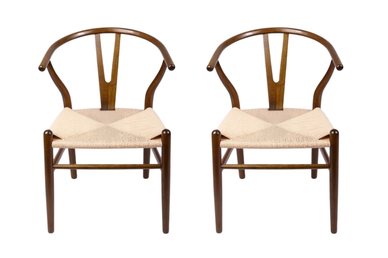 Picture of WISHBONE Solid Beech Wood Y Replica Chair (Walnut Frame-Beige Seat) - 2 Chairs in 1 Carton