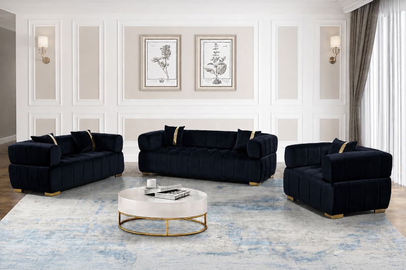 Picture of Vegas Chesterfield Velvet Sofa Range (Black) - Armchair + Loveseat + Sofa Set
