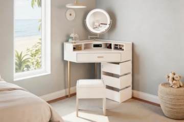 Picture of MAREN 4-Drawer Corner Vanity with LED Mirror & Power Station & Stool (Whitewash)