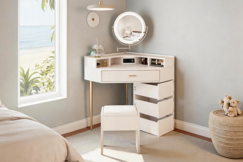 Picture of MAREN 4-Drawer Corner Vanity with LED Mirror & Power Station & Stool (Whitewash)