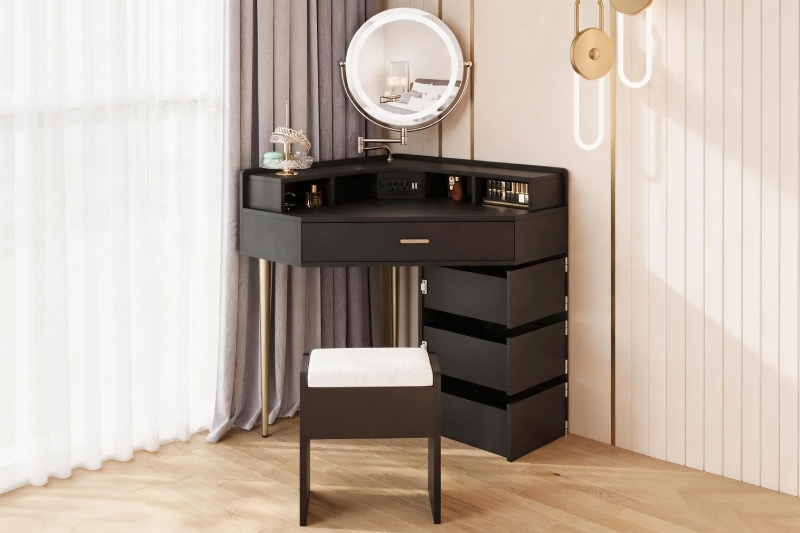 Picture of MAREN 4-Drawer Corner Dressing Table with LED Mirror & Power Station & Stool (Black) 