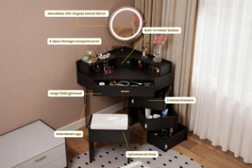 Picture of MAREN 4-Drawer Corner Dressing Table with LED Mirror & Power Station & Stool (Black) 