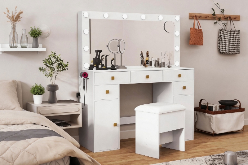 Picture of EVERLY Dressing Table with LED Bulb Mirror & Power Station & Stool (White) 
