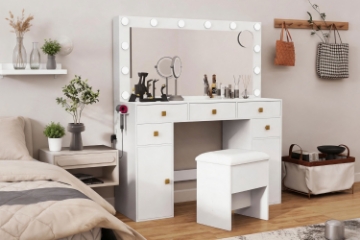 Picture of EVERLY Dressing Table with LED Bulb Mirror & Power Station & Storage Stool (White) 