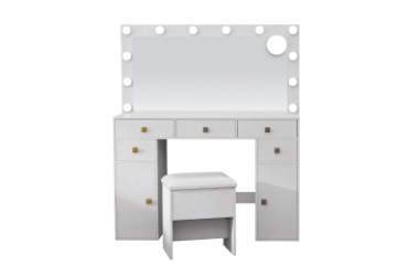 Picture of EVERLY Dressing Table with LED Bulb Mirror & Power Station & Storage Stool (White) 