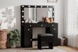 Picture of EVERLY Dressing Table with LED Bulb Mirror & Power Station & Stool (Black)