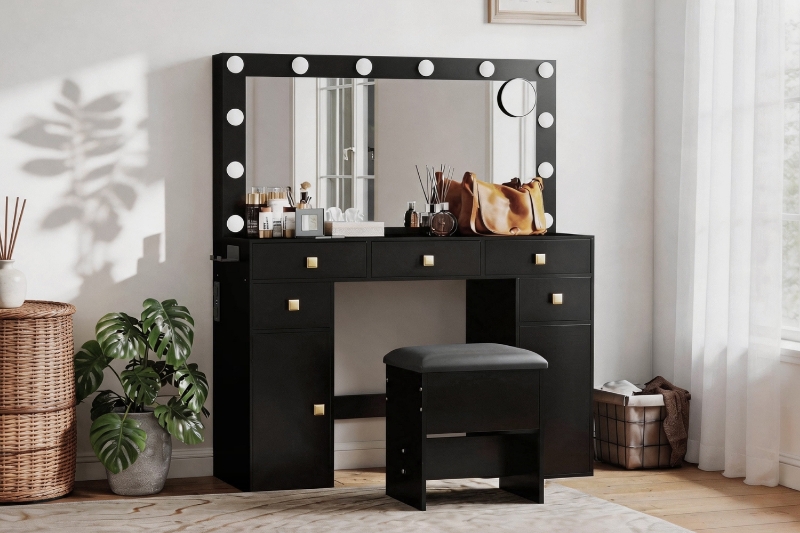 Picture of EVERLY Dressing Table with LED Bulb Mirror & Power Station & Stool (Black)