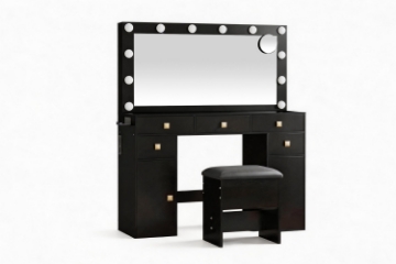 Picture of EVERLY Dressing Table with LED Bulb Mirror & Power Station &  Storage Stool (Black)