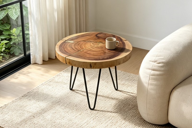 Picture of 659-036 NATURA Round Solid Mungur Wood Side Table with Icy Glass Inlay 