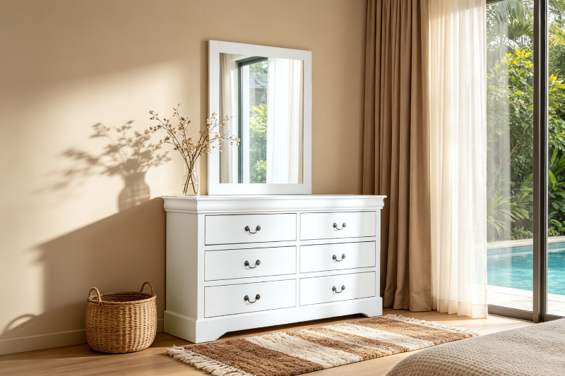 Picture of LOUIS 6-Drawer Hevea Wood Dresser and Mirror with LED Lighting (White)