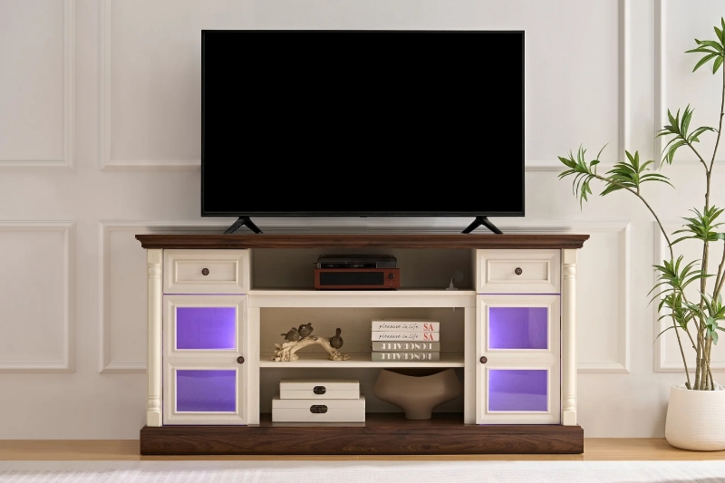 Picture of VANTO TV Stand with Charging Station and LED Lights (White & Walnut)