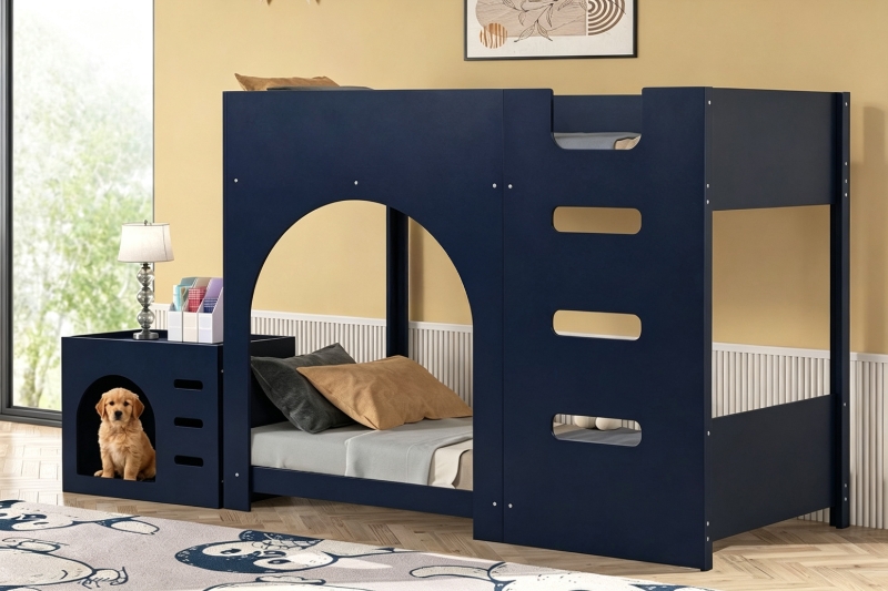 Picture of WESLY Twin-Twin Bunk Bed with Pet‑Friendly Movable Side Cabinet (Dark Blue)