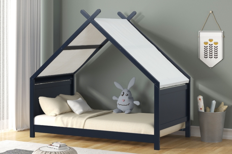 Picture of BLAKE Kids House-Shaped Twin Bed (Dark Blue Frame with Canvas Canopy)
