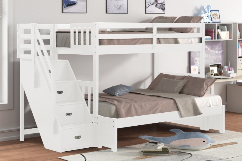 Picture of WILLY Convertible Twin-Twin/Twin-Double Bunk Bed with Storage Staircase (White)