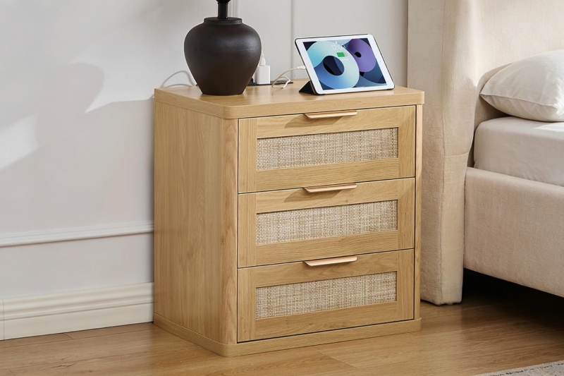 Picture of BRINLY 3-Drawer Nightstand with Charging Station (Oak)