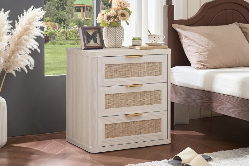 Picture of BRINLY 3-Drawer Nightstand with Charging Station (Beige)