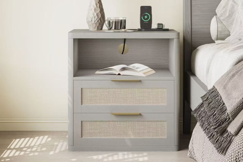 Picture of ROVEA 2-Drawer Nightstand with Charging Station (Grey)