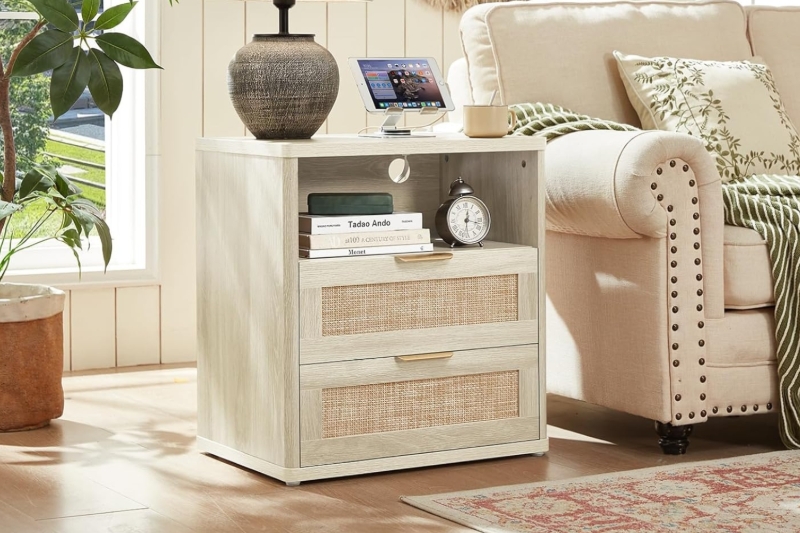 Picture of ROVEA 2-Drawer Nightstand with Charging Station (Beige)