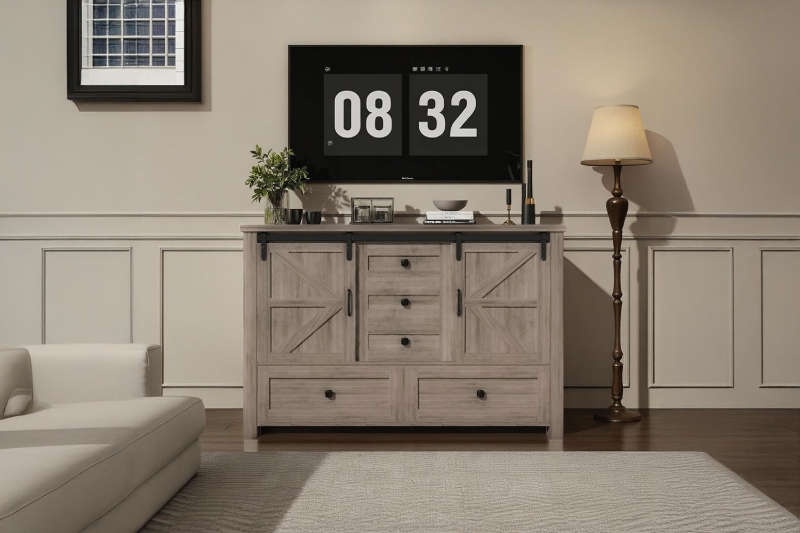 Picture of [FLOOR MODEL CLEARANCE]VITTORIO Sliding Barn Door Cabinet with Drawers (Grey Oak)