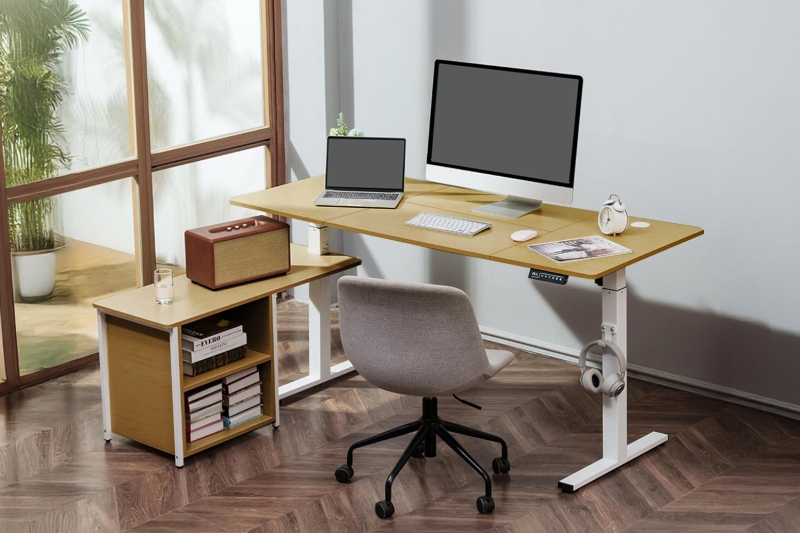 Picture of [FLOOR MODEL CLEARANCE] NEXUS 63" Electric Height-Adjustable Standing Desk With Side Cabinet Shelf & LED Display & USB Charging Port (Oak)
