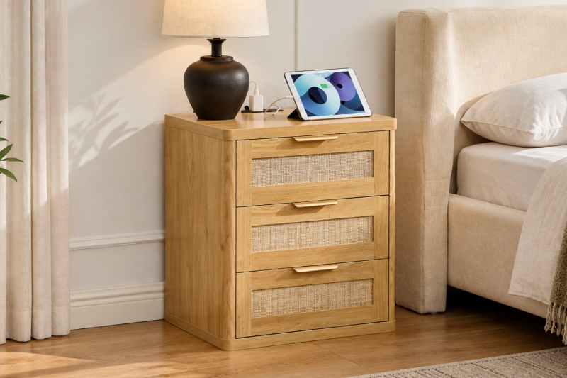 Picture of BRINLY 3-Drawer Nightstand with Charging Station (Oak)