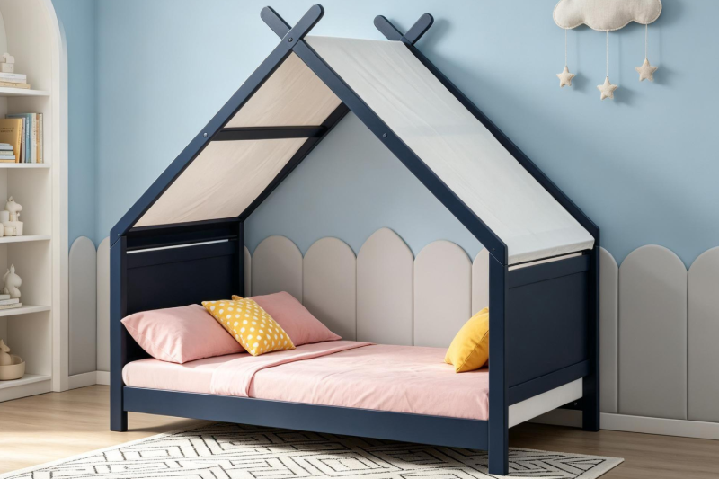 Picture of BLAKE Kids House-Shaped Twin Bed (Dark Blue Frame with Canvas Canopy)