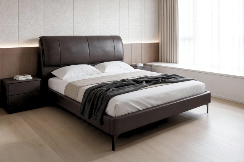 Picture of SORENA Genuine Leather Bed Frame in Queen/Eastern King Size (Dark Brown)