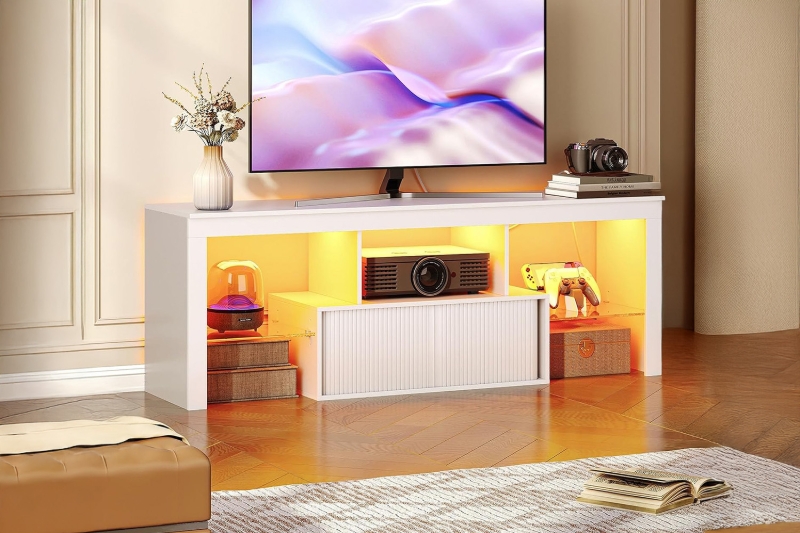 Picture of KYNOX 55" TV Stand with Power Outlets, Multi-Color LED Lights, Concealed Storage Cabinet & Adjustable Glass Shelves (White)