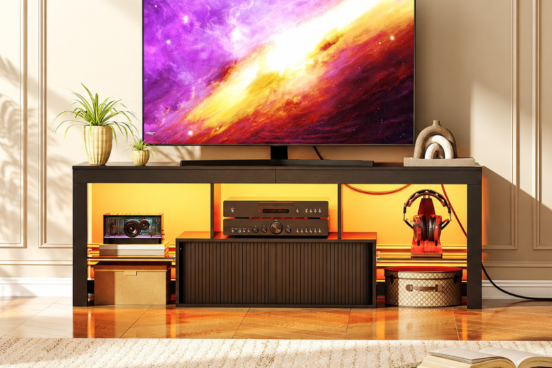 Picture of KYNOX 55" TV Stand with Power Outlets, Multi-Color LED Lights, Concealed Storage Cabinet & Adjustable Glass Shelves (Black)